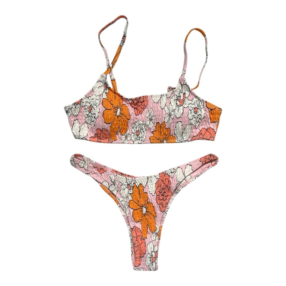 Volafa Pink and Orange All Over Smocking Bikini Set Size Medium